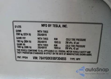2025 Tesla Model Y z USA, uszkodzony, nr VIN 7SAYGDEE6SF304855